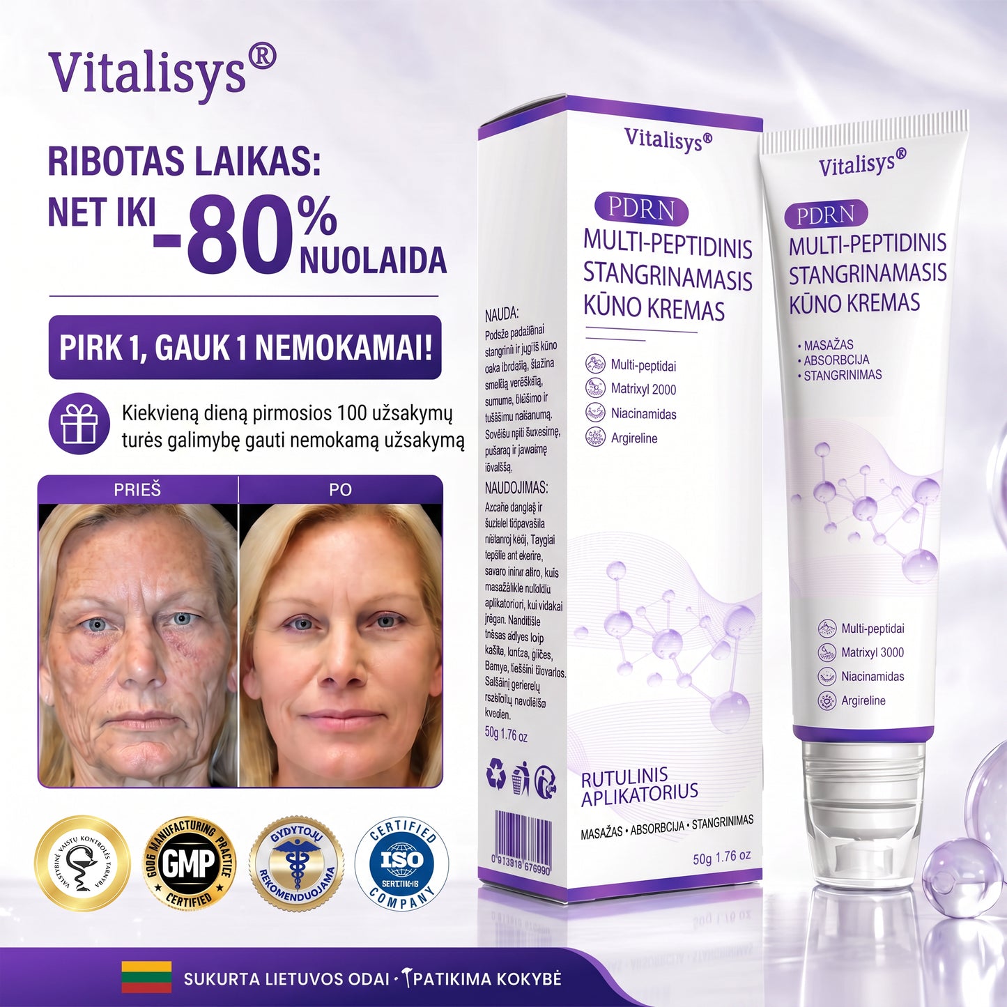 🇱🇹 Dermatologų rekomenduojama🥇 | 🍎Vitalisys® PDRN“daugiapeptidis masažuojamasis kūno kremas – Anti-senėjimo, drėkinamasis,stangrinamasis,odą regeneruojantis,sulyginantis,spuogų ir dėmių šalinimo,karpų ir apgamų šalinimo, psoriazės palengvinimo priemonė.❤️